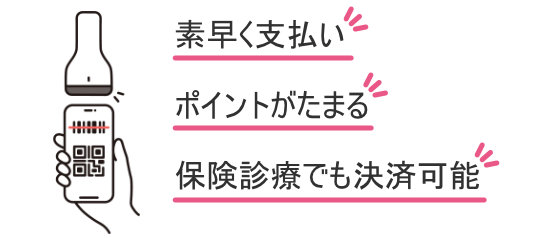 素早く支払い、ポイントがたまる、保険診療でも決済可能